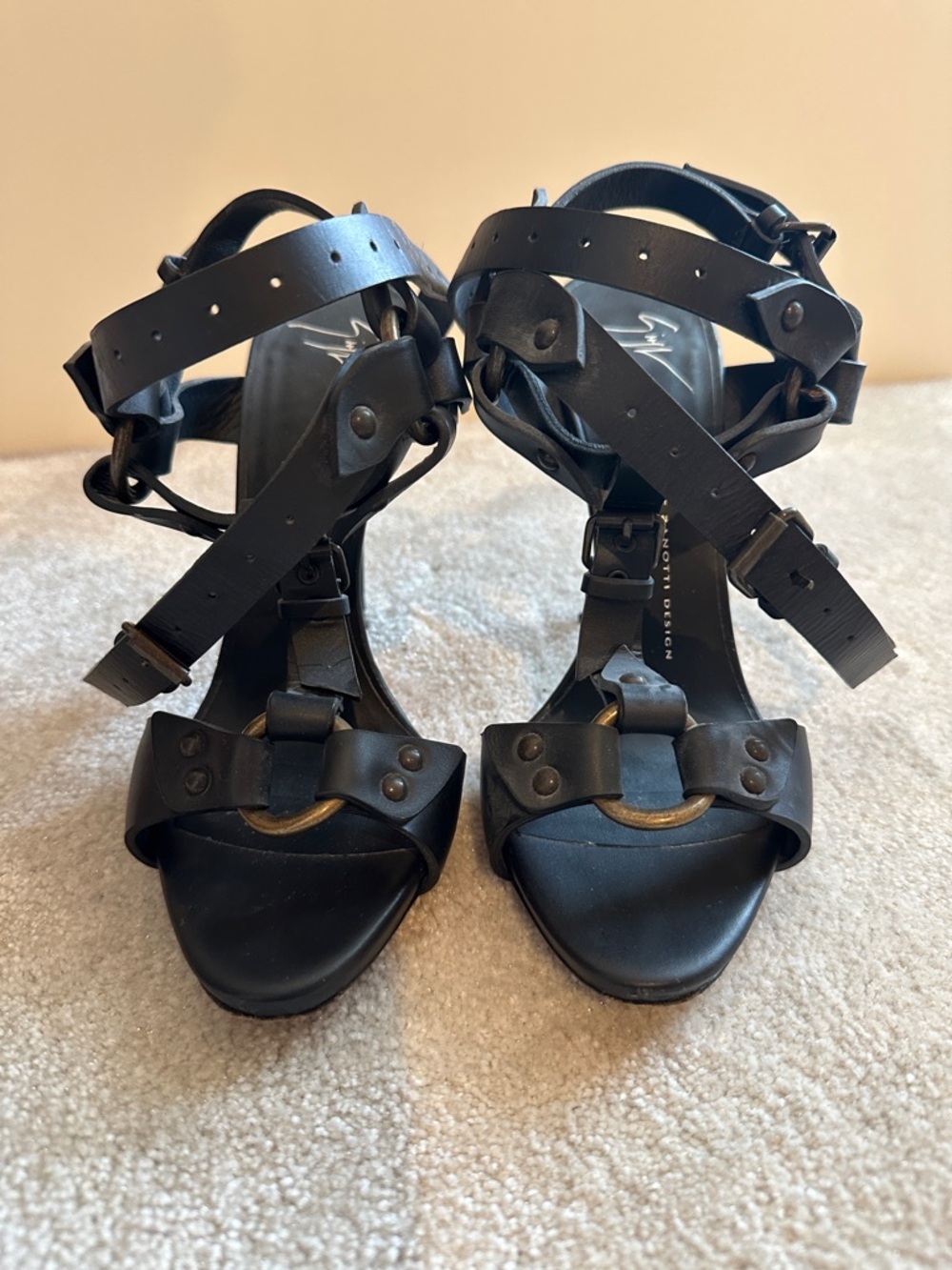 Giuseppe Zanotti Black Leather Multi-Strap Studded High Heels